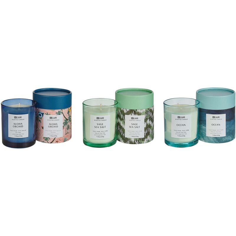 Beliani Set Of 3 Scented Candles 100% Soy Wax Cotton Wick Glass Floral Oriental Herb Fragrance White Tea/lavender/jasmine Colorful Barrel