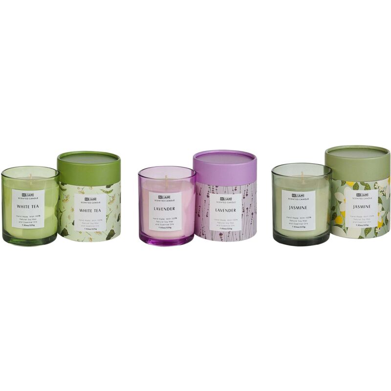 Beliani Set Of 3 Scented Candles 100% Soy Wax Cotton Wick Glass Floral Oriental Herb Fragrance White Tea/lavender/jasmine Colorful Barrel
