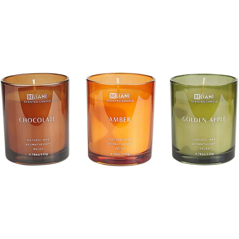 Beliani - Set Of 3 Scented Candles 100% Soy Wax Cotton Wick Glass Fruit Oriental Fragrance Golden Apple/chocolate/amber Sheer Joy