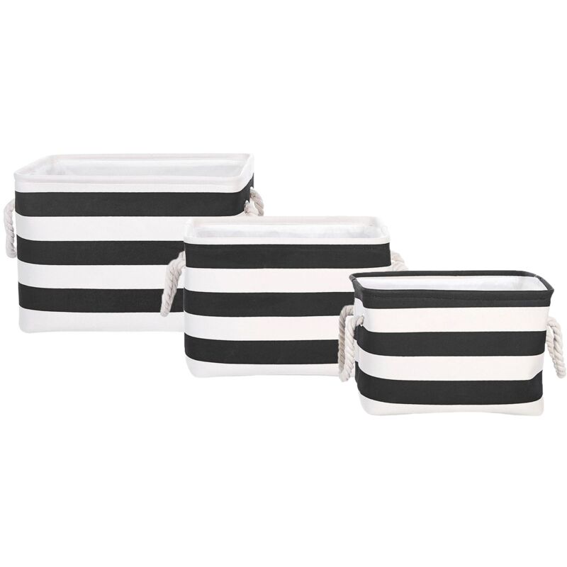 Set of 3 Storage Basket with Rope Handles Fabric Organization Black and White Darqab