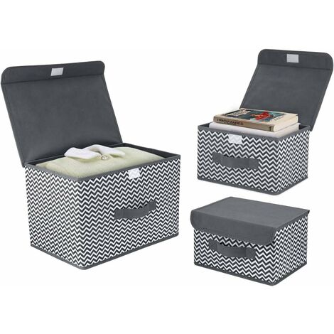 Set of 3 Storage Boxes, Foldable Clothes Storage, Fabric Storage Box with Lids and Handles for Closet, Bedroom, Dark Gray Wavy