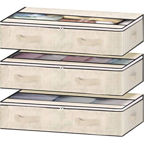 Set of 3 Under Bed Storage Boxes 90L, Foldable Bags with Handles, Zipper and Transparent Window for Clothes and Duvets (Beige)