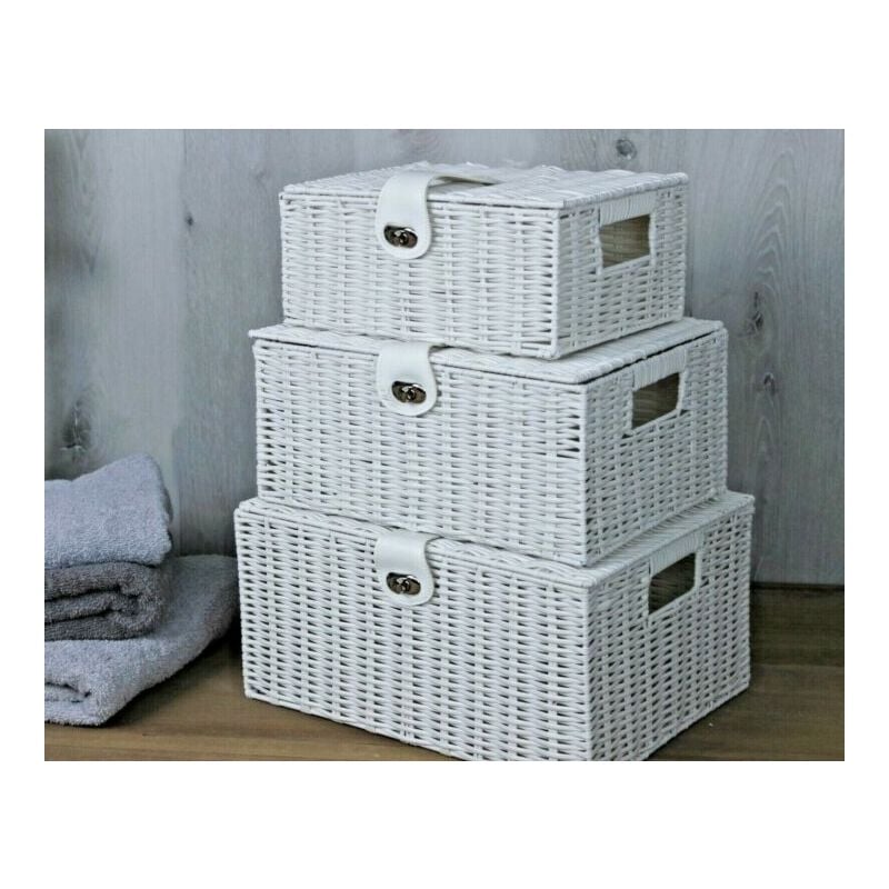 Set of 3 White Wicker Baskets for Storage and Hampers