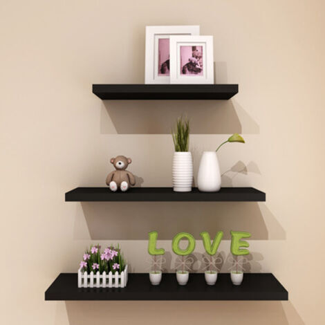 Set of 3 Wooden Wall Shelves (20+30+40cm, black), Rustic Wire Wall Storage Shelves, Maximum Load 20kg, for Living Room, Bedroom, Office, Bathroom or Kitchen