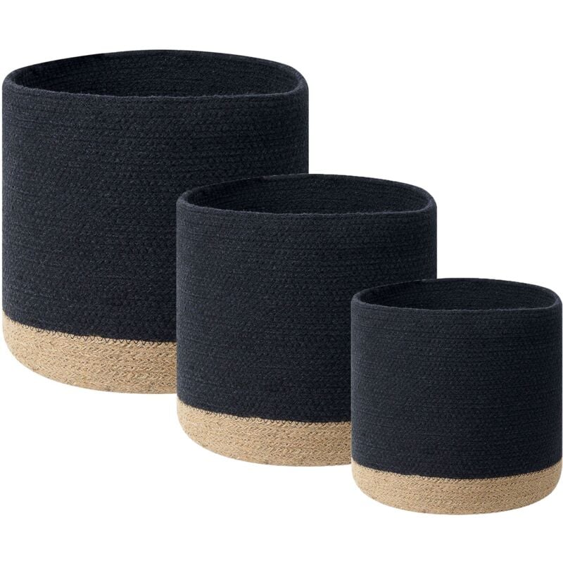 Set of 3 Woven Cotton Jute Storage Laundry Basket Bin Set Black and Beige Basima