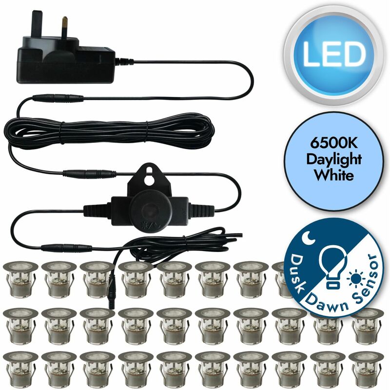 First Choice Lighting - Set of 30 - 30mm Stainless Steel IP67 Cool White LED Plinth Decking Kit with Dusk til Dawn Photocell Sensor