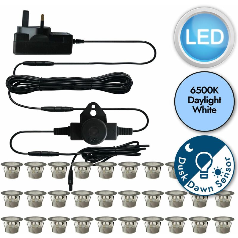 First Choice Lighting - Set of 30 - 45mm Stainless Steel IP67 Cool White LED Plinth Decking Kit with Dusk til Dawn Photocell Sensor