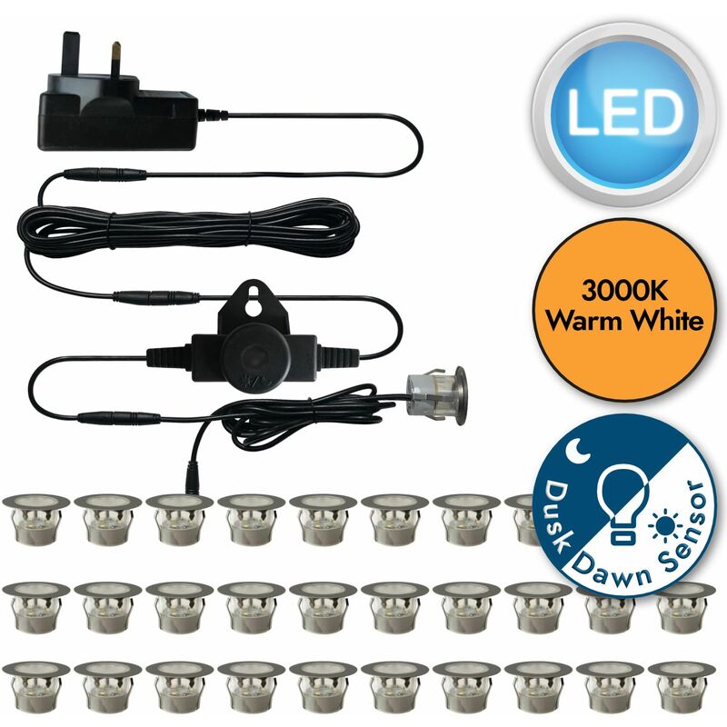 First Choice Lighting - Set of 30 - 45mm Stainless Steel IP67 Warm White LED Plinth Decking Kit with Dusk til Dawn Photocell Sensor