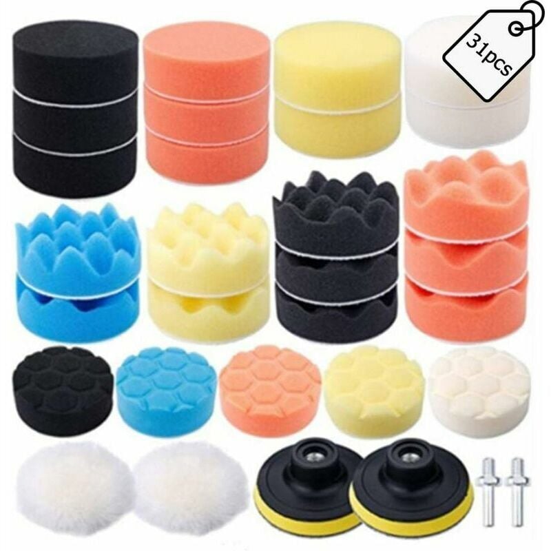 Set of 31 Sponge Wool Polishing Pads for Car Polishing, 27 Polishing Pads with 2 M10 Adapters for Car Drill, Sanding, Waxing