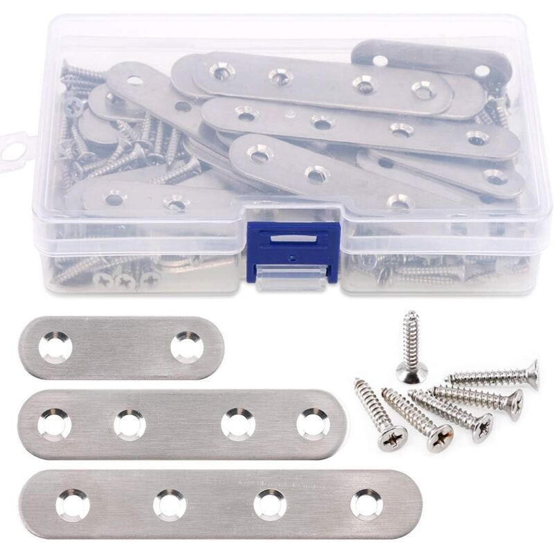 Set of 35 flat, straight stainless steel brackets (3.7 cm, 5.7 cm, 9.7 cm) for repairing junction plates, plus 80 screws, 115 pieces total - Silver