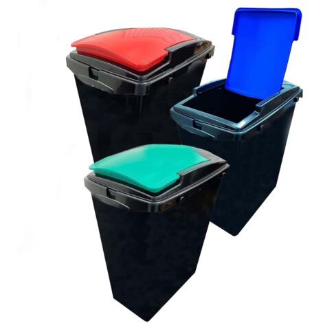 Set of 4 40L Base Recycling Waste Utility Interlocking Bins With Colour Coded Lids (Green, Red, Yellow & Blue Lids)