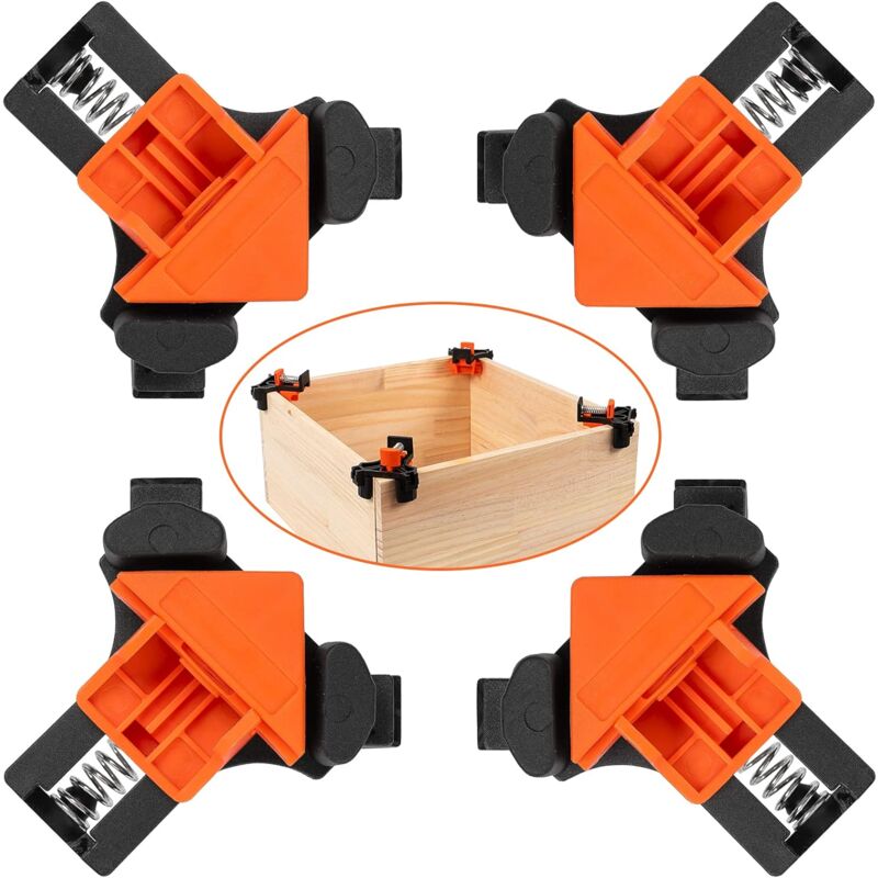 Linghhang - 4Pcs 90 Degree Corner Clamps, Woodworking Corner Clip, Right Angle Clip Fixator, Clamping Tool with Adjustable Hand Tools (Orange + Black)