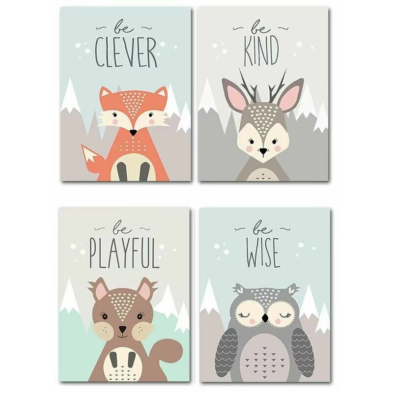 Set of 4 Animal Posters for Kids A4 Size Children's Room Decor Nursery Decor Forest Animals,T-Audacity