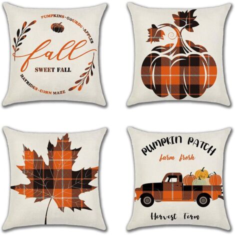 Set of 4 Autumn Thanksgiving Cushion Covers Orange Plaid Autumn Pumpkin Maple Leaf Truck Cushion Covers Decorative Farmhouse Linen Pillowcases for Sofa 45x45cm
