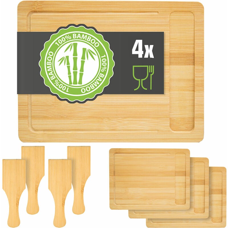 Set of 4: Bamboo Raclette Plate with Spatula - 30x22 Wooden Raclette Pan Coaster - braun