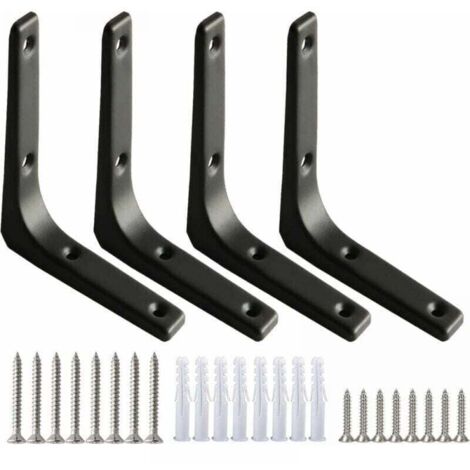 Set of 4 Black Wall Shelf Brackets, Heavy Duty Shelf Brackets, 100mm L-Shaped Shelf Supports, Stable, 7.5mm Thickness, Includes Screws for Mounting Shelves, Furniture and Decorations