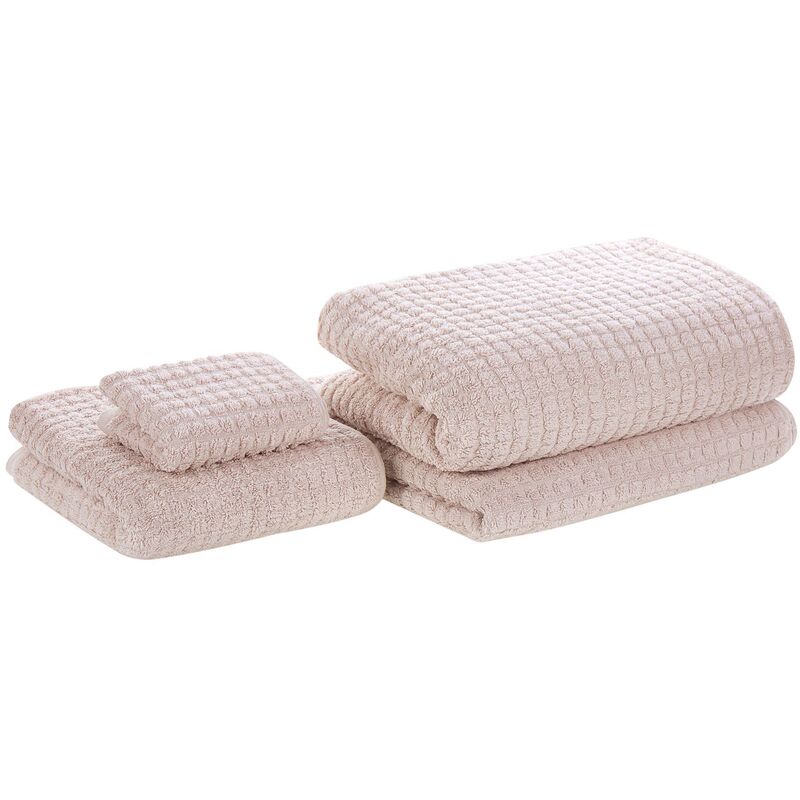 Set of 4 Cotton Bathroom Towels Soft Low Twist with Bath Mat Pink Atai