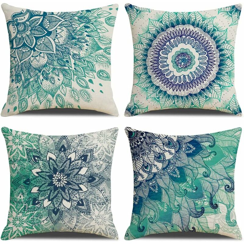 Xinuy - Set Of 4 Cushion Cover 45X45cm, Bohemian Mandala Ethnic Style Linen Decorative Pillow Case For Sofa Bed Bedroom Chair Garden