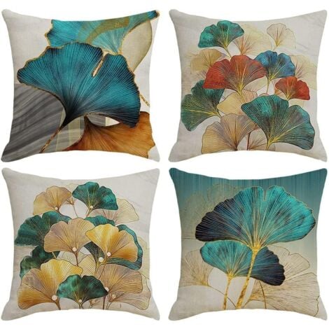Set of 4 cushion covers 45 x 45 cm - Ginkgo leaf pattern - Gold