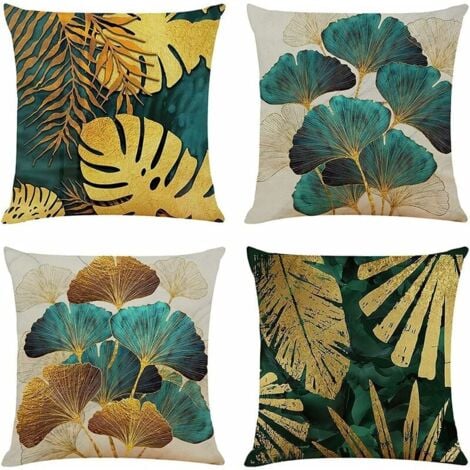 Set of 4 Cushion Covers 45 x 45 cm, Teal Blue and Gold Leaf Pattern, 18 x 18 cm, Living Room Sofa, Luxury Cushions, Outdoor Garden Pillowcases