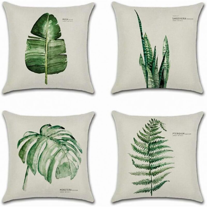 Set of 4 cushion covers 45x45cm cotton linen decorative car cushion cover sofa home decor pillowcases (simple green leaf)