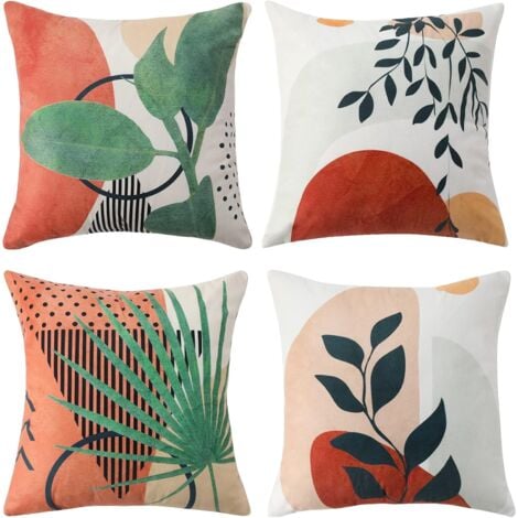 Set of 4 Decorative Pillowcase Cushion Covers for Sofa Velvet Classic Cushion Cover for Home Living Room Bedroom Leaves 45 x 45cm