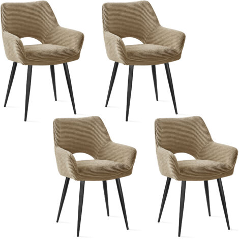 Set of 4 Dining Chairs with Arms, Upholstered kitchen Chairs with Black Metal Legs and Backrest-Brown