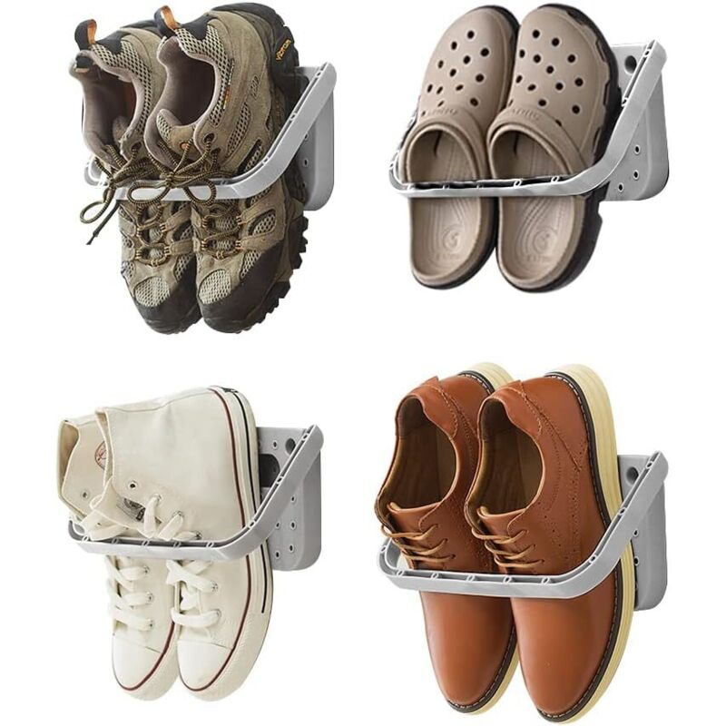 Ensemble de 4 étagères à chaussures pliables, à fixer au mur, sans perçage, pour portes d'entrée, salles de bain, gris