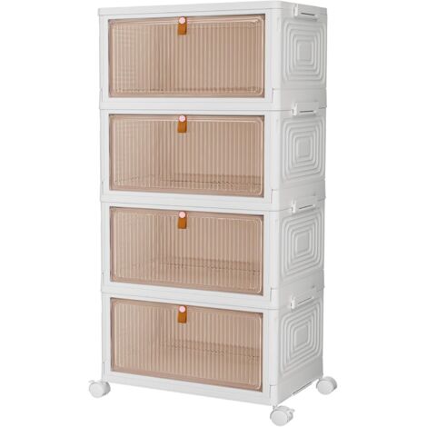 Set of 4 four-tier plastic storage boxes with lids and wheels, stackable boxes with drawers and a front door