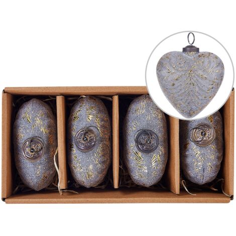 Set of 4 Glass Christmas Handmade Balls Baubles Xmas Tree Hanging Heart Shaped Grey Feriable