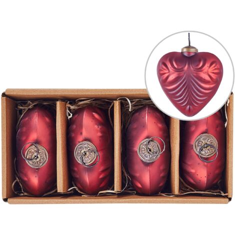 Set of 4 Glass Christmas Handmade Balls Baubles Xmas Tree Hanging Heart Shaped Red Feriable