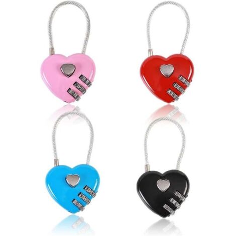 Set of 4 heart-shaped padlocks, mini combination lock, metal cable, 3-digit code, combination padlock, couple's padlock, resettable password, lock box