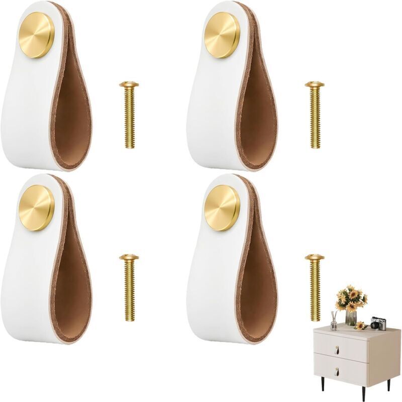 Set of 4 Leather Furniture Handles, Cabinet Pulls, Knobs for Cabinets, Dressers and Kitchen - Easy Installation, Durable Materials and Elegant Design