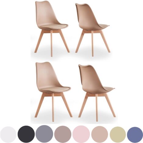 PN HOME Set of 4 Lorenzo Retro Dining Chair - Faux Leather Padded, Plastic body, and Solid wooden legs - Vanilla