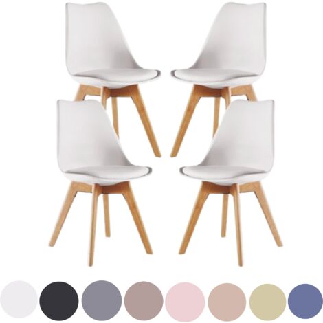 PN HOME Set of 4 Lorenzo Retro Dining Chair - Faux Leather Padded, Plastic body, and Solid wooden legs - White