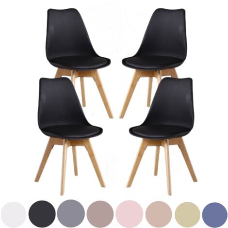 Set of 4 Lorenzo Scandinavian Minimalist Dining Chairs with Faux Leather Cushions and Solid Wood Legs - Side Chair for Dining Room Kitchen Office - Black