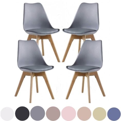 Set of 4 Lorenzo Scandinavian Minimalist Dining Chairs with Faux Leather Cushions and Solid Wood Legs - Side Chair for Dining Room Kitchen Office - Grey