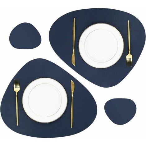 HOOPZI Set of 4 Oval PU Leather Placemats and Coasters, 38 x 45 cm Washable Non-slip Washable for Dining Room (Dark Blue 2 Placemats +2 Coasters)