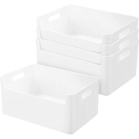Set of 4 plastic storage boxes for kitchen and bathroom, 25 cm, front-bottom storage basket, white storage boxes, shelves, cabinets, storage boxes