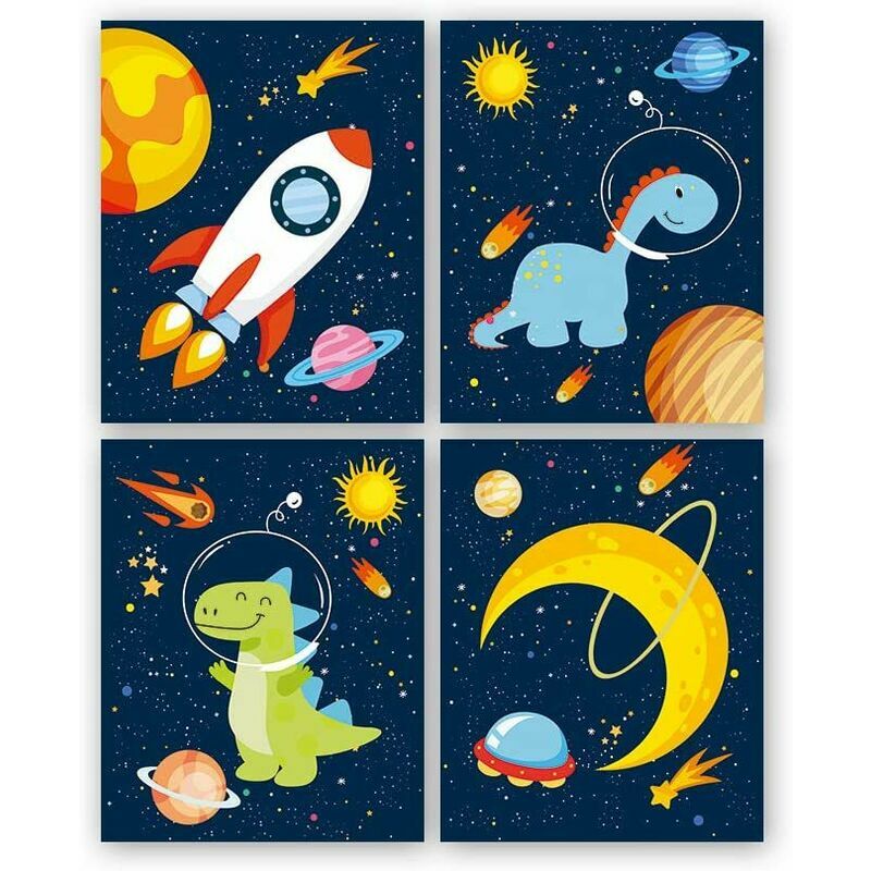 Set of 4 Posters for Kids/Baby Room,Rocket Planet Poster,Kids Space Posters,Dinosaurs Wall Art Print,Decorative Pictures for Boys