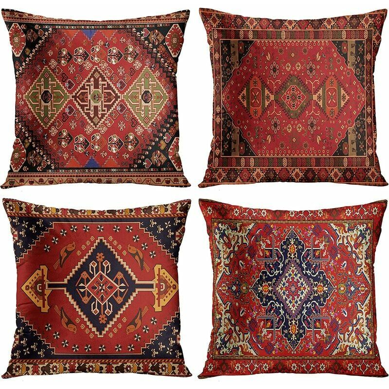 Set of 4 Red and Black Abstract Tribal Cushion Covers Vintage Persian Rug Pattern Decorative Pillow Cases Home Decor Standard Square 18x18 Inch