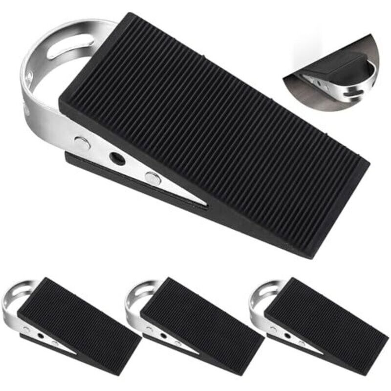 Set of 4 rubber door wedges, anti-slip door stops with stainless steel handle, wedge-shaped, black, for all doors and floors, home, office, hotel (1