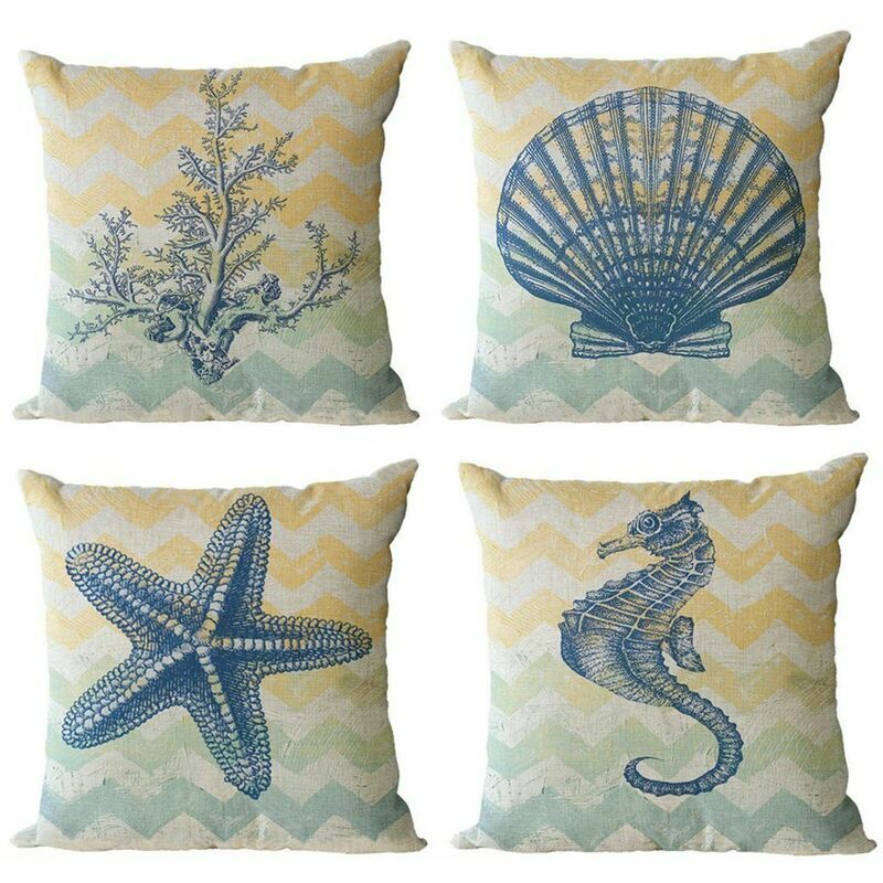 Set Of 4 Sea Themed Pillow Cases, Cotton Linen Cushion Cover, Home Decor, 45 X 45 Cm