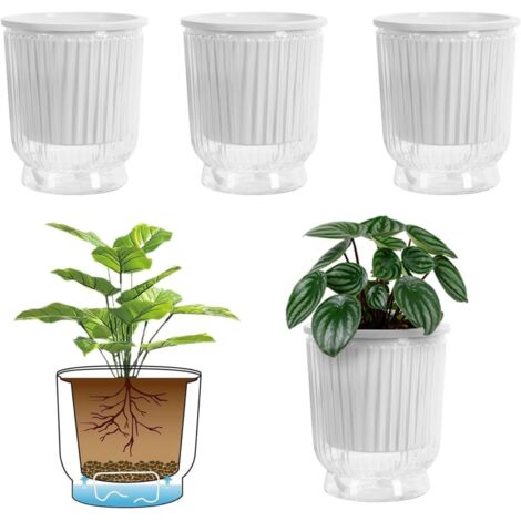 Set of 4 self-watering flower pots with cotton rope, deep water reservoir, irrigation system, for indoor plants, transparent, 12 x 14.5 cm