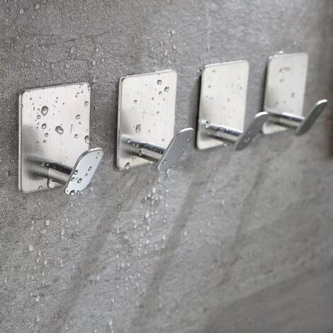Set of 4 silver adhesive hooks with 3M adhesive tape, for wall mounting in the bathroom, as kitchen towel hooks or for hanging pictures without drilling, self-adhesive stainless steel hook