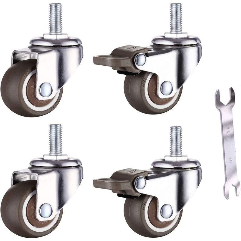 Set Of 4 Small Castors For Furniture - 25 Mm - Soft Rubber Tpe - M6 x 15 Mm - Thread (2 Pieces With Brake) (25 Mm)