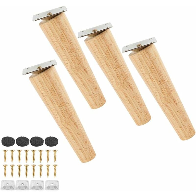 Set of 4 Solid Wood Furniture Leg, Replacement Sofa Legs with Non-Slip Mat, Mounting Plate and Screws for Bed, Wardrobe, Drawer (15cm, Angled Leg)