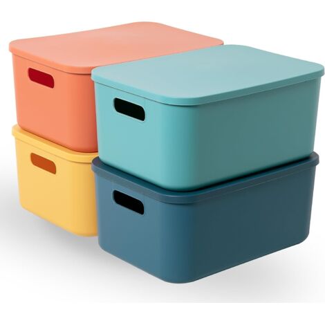 Set of 4 Stackable Plastic Storage Boxes with Lids, for Kitchen, Bathroom, Office and Children's Room (M)