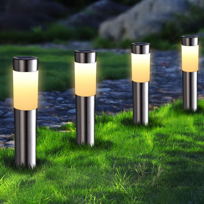Set of 4 Stainless Steel Outdoor Solar Garden Lights, Waterproof Cylindrical Garden Solar Light Auto On/Off for Lawn, Patio, Driveway, Warm White