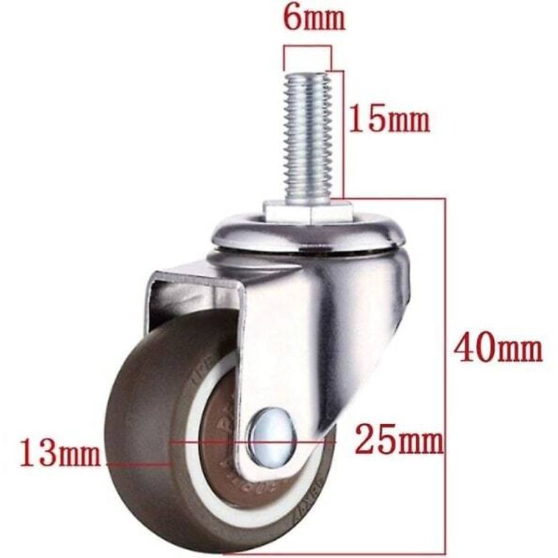 Lot de 4 roulettes pivotantes pour meubles - M6 x 15 mm - Filetage 25 mm - Caoutchouc souple - Filetage TPE - Mini roulettes pour meubles (25 mm)